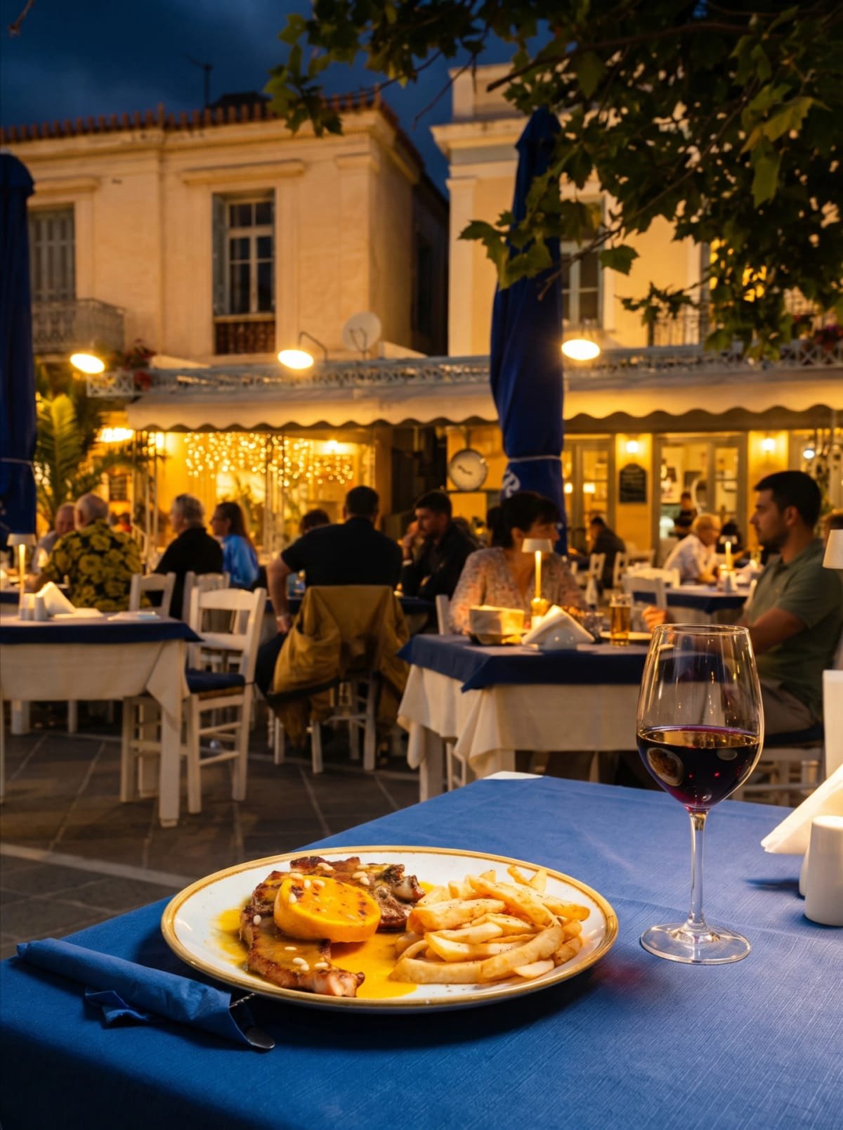 Grilled meat, fries, and red wine on the evening terrace at Sti Rota.