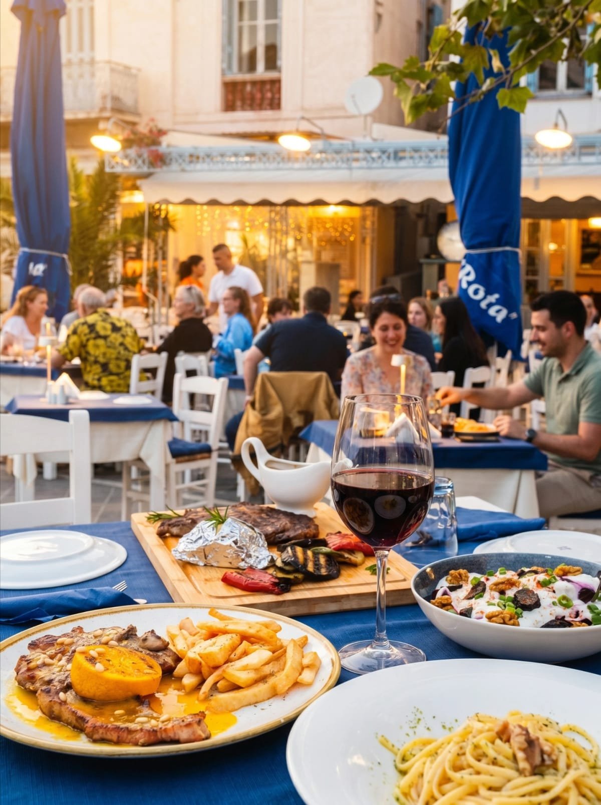 Mixed dinner table with grilled dishes, pasta, salad, and red wine in Poros.