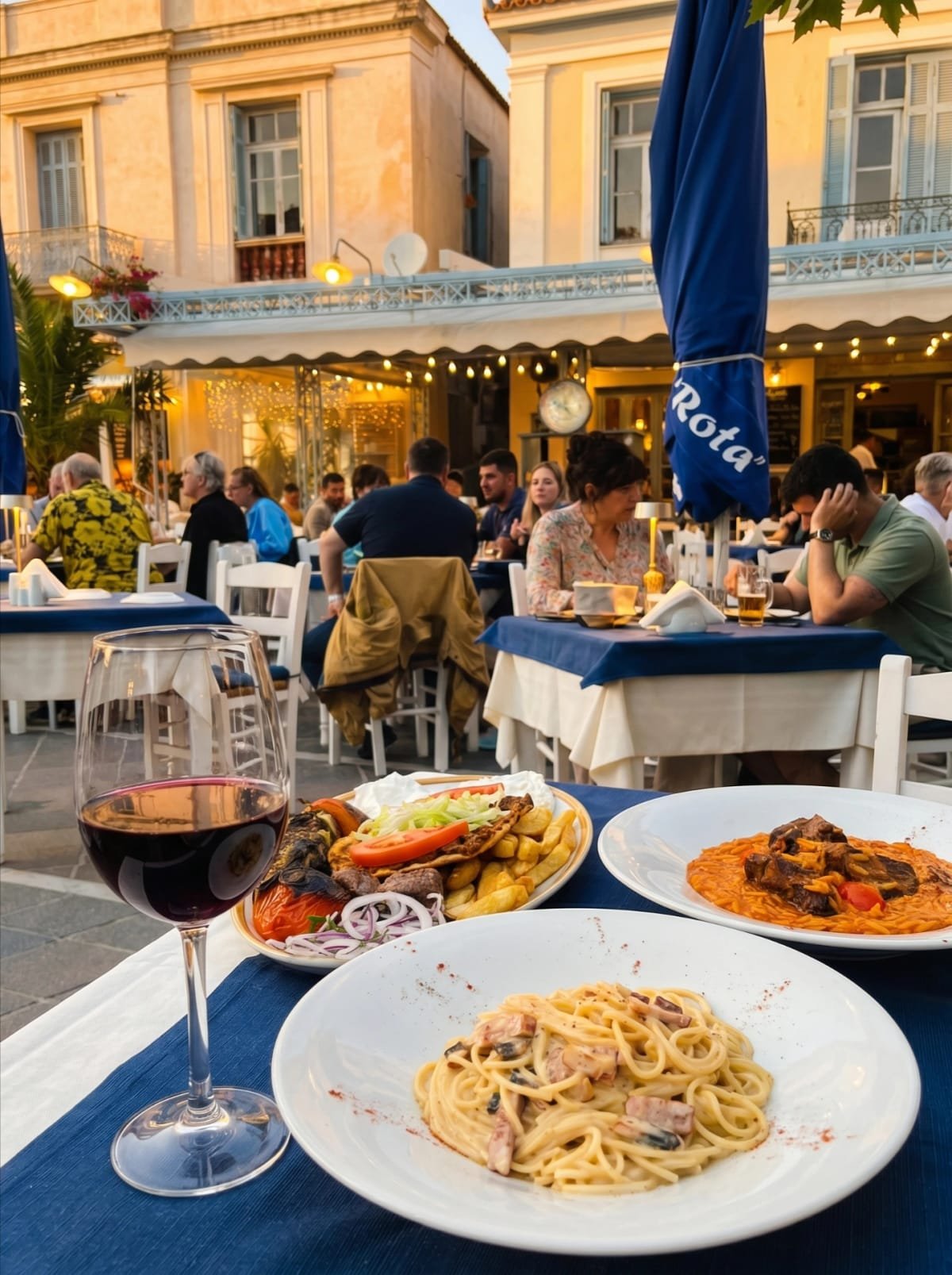 Pasta and grilled dishes served for an evening meal at Sti Rota.