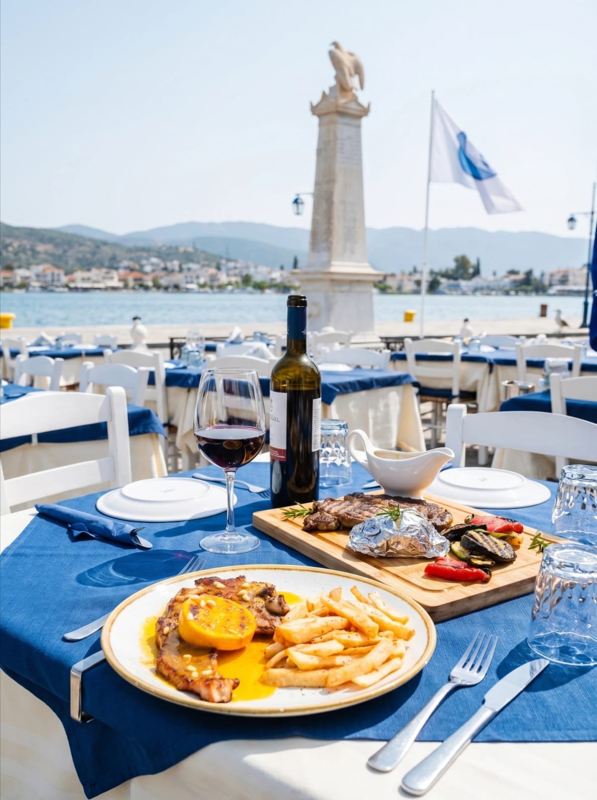 Grilled meat, fries, and red wine on a blue waterfront table.