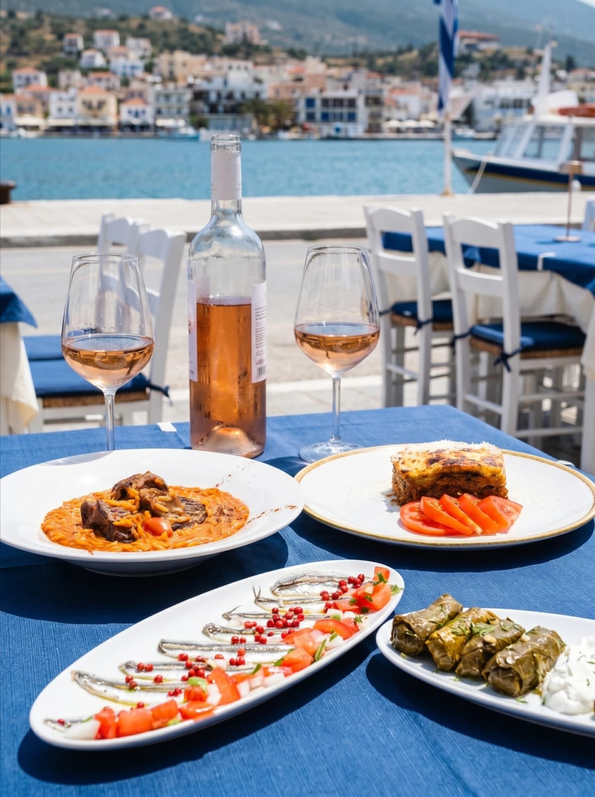 Greek dishes, dolmades, and rose wine served at a Poros waterfront table.