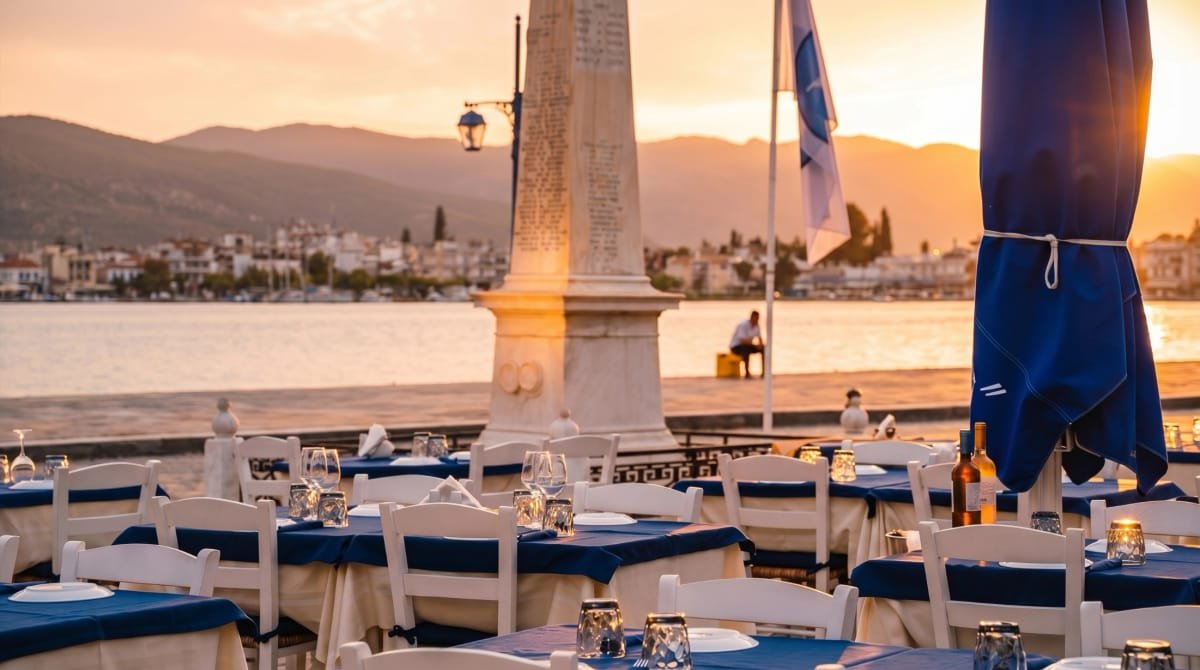 Waterfront table scene at sunset at Sti Rota, a Greek taverna in Poros.