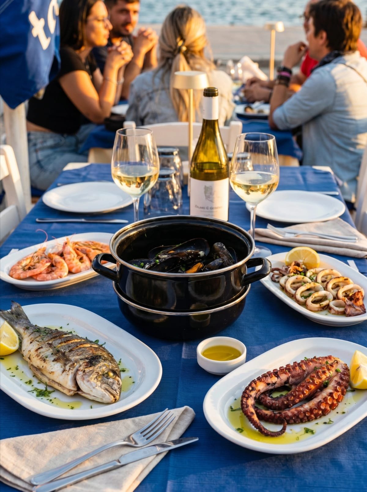 Seafood dishes and white wine on a blue waterfront table at Sti Rota.