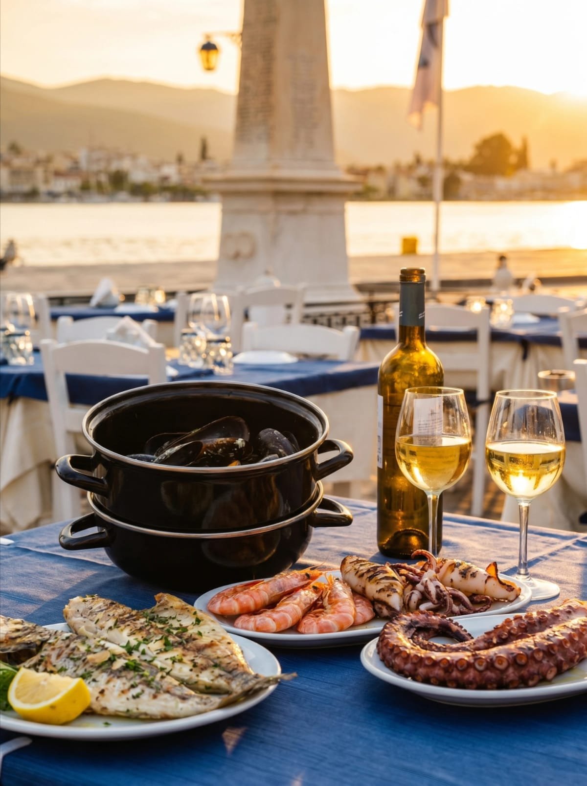Grilled fish, prawns, octopus, mussels, and white wine on a Poros waterfront table.