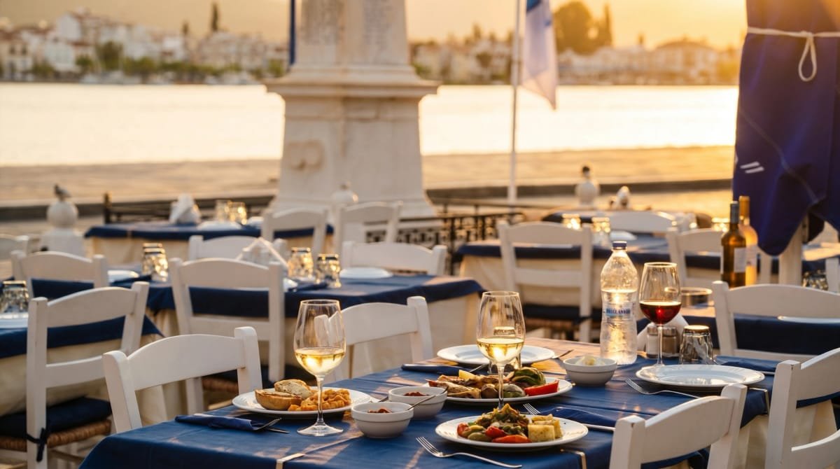 Sunset over the waterfront tables at Sti Rota in Poros.